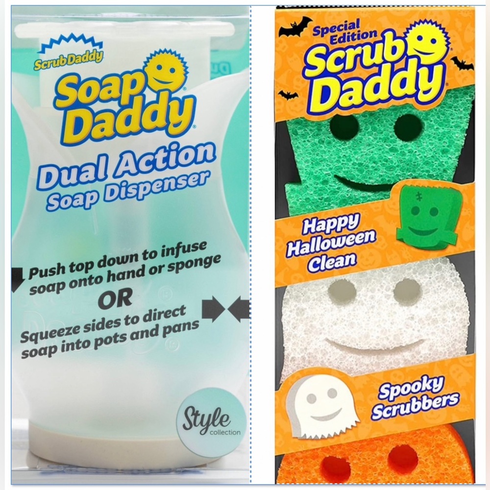 Set of Scrub Daddy Soap Daddy Dispenser & Halloween Spooky Scrubbers
